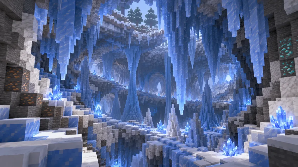 Minecraft 26.60 buz mağarası biyomu, buz sarkıtları ve parlayan buz kristalleri