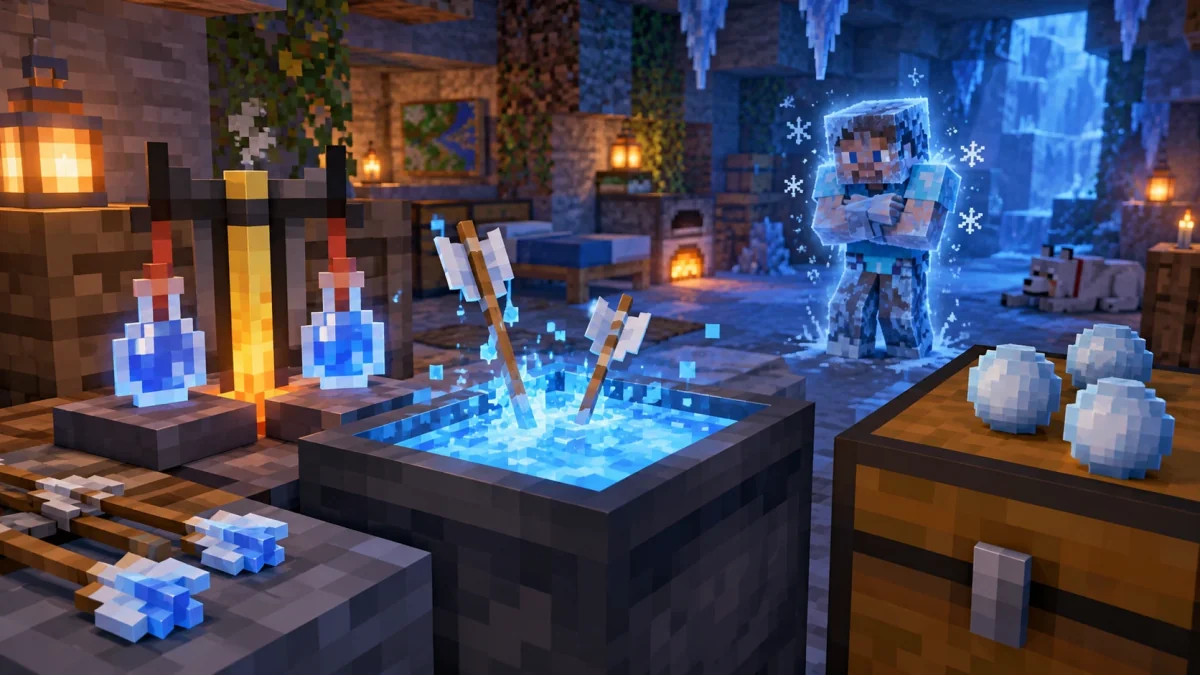 Minecraft donma iksiri, iksirle dolu kazana batırılan oklar ve buz topları