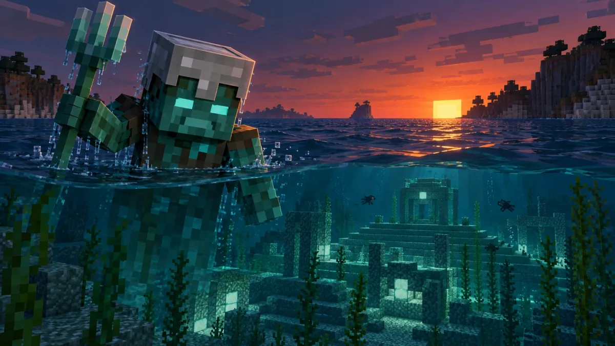 Minecraft 26.60 yenilenen Drowned modeli, demir kask ve trident ile sudan çıkıyor