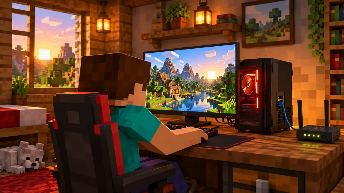 Minecraft karakteri, kabloyla modeme bağlı bir oyun bilgisayarının başında oynuyor
