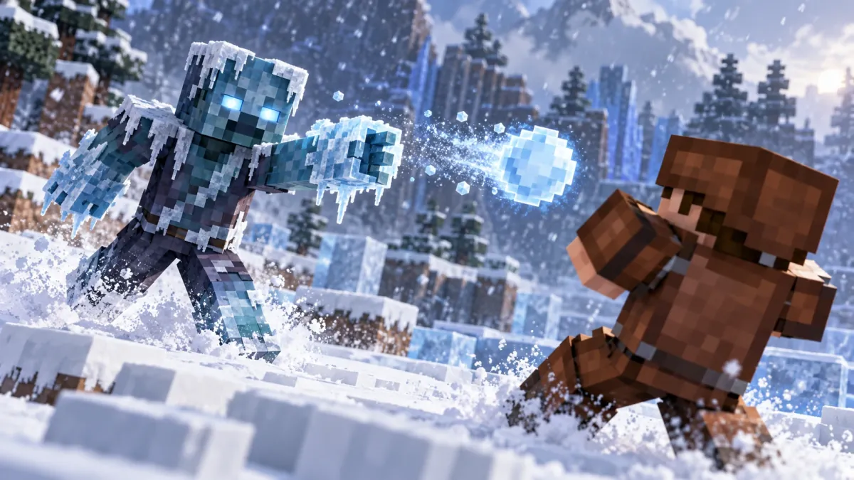 Minecraft Frostbite zombisi karlı arazide oyuncuya buz topu fırlatıyor