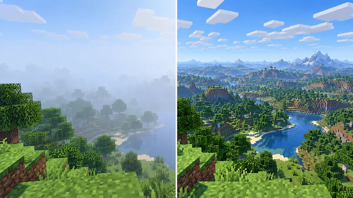 Minecraft'ta düşük görüş mesafesinde sisle kaplı bir orman (solda) ve yüksek görüş mesafesinde ufka kadar uzanan dağlar ve nehir (sağda)