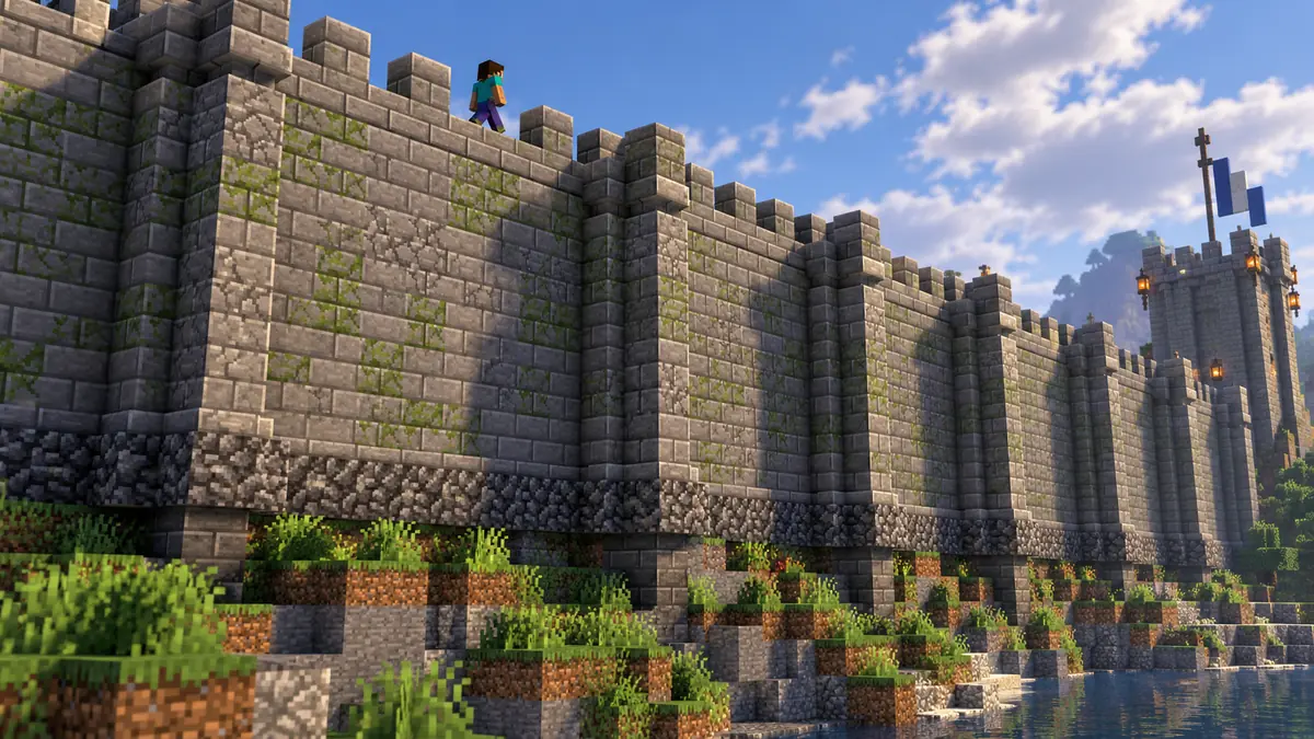 Minecraft'ta kırık taş tabanlı, yosunlu taş tuğladan ve payandalı kale duvarı