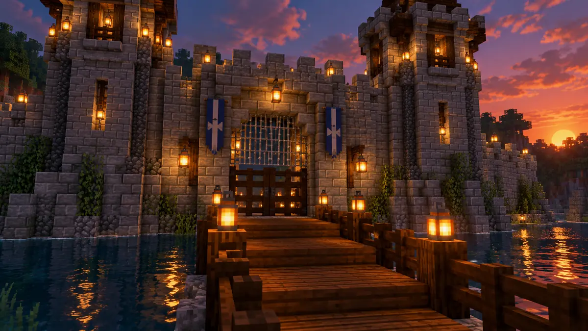 Minecraft'ta çit kapıları ve demir parmaklıklarla yapılmış kale kapısı ve hendek üstündeki ahşap köprü