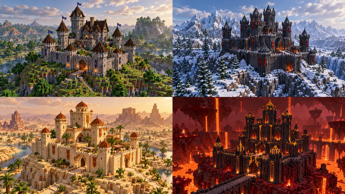 Minecraft'ta dört kale tasarımı: klasik taş kale, karlı dağda deepslate kale, çölde kumtaşı kale ve Nether'da blackstone kale