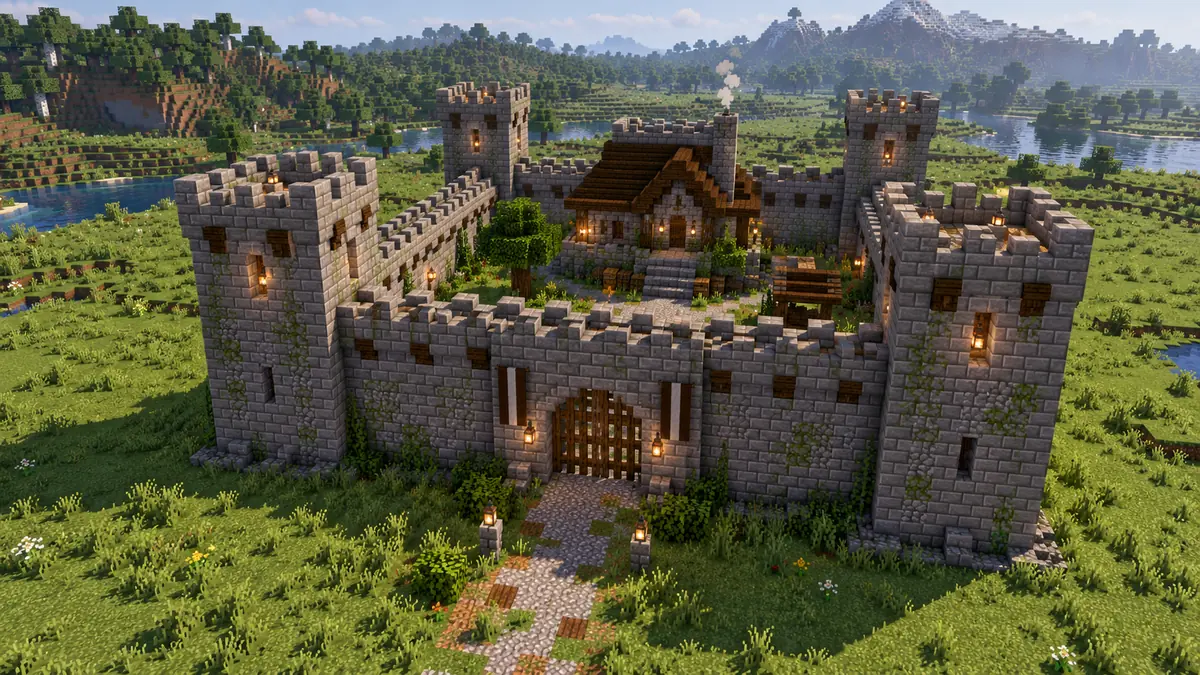 Minecraft'ta dört köşe kuleli ve mazgallı duvarlı küçük taş tuğla kale