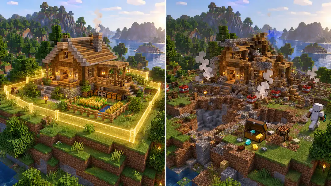 Minecraft'ta claim sınırıyla korunan bir ev ile TNT ile baskın yemiş, sandığı yağmalanmış bir ev yan yana