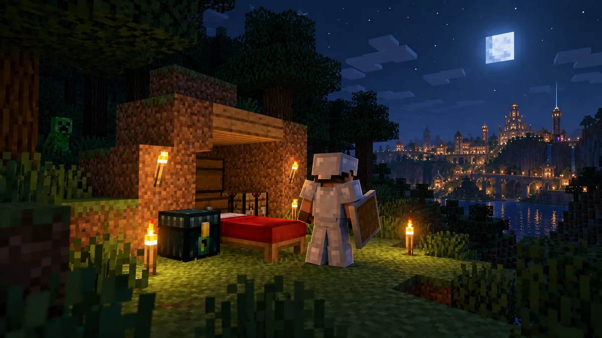 Gece ormanda yatak, ender sandığı ve meşalelerle küçük bir sığınağın yanında duran demir zırhlı Minecraft oyuncusu, uzakta ışıklı bir spawn şehri
