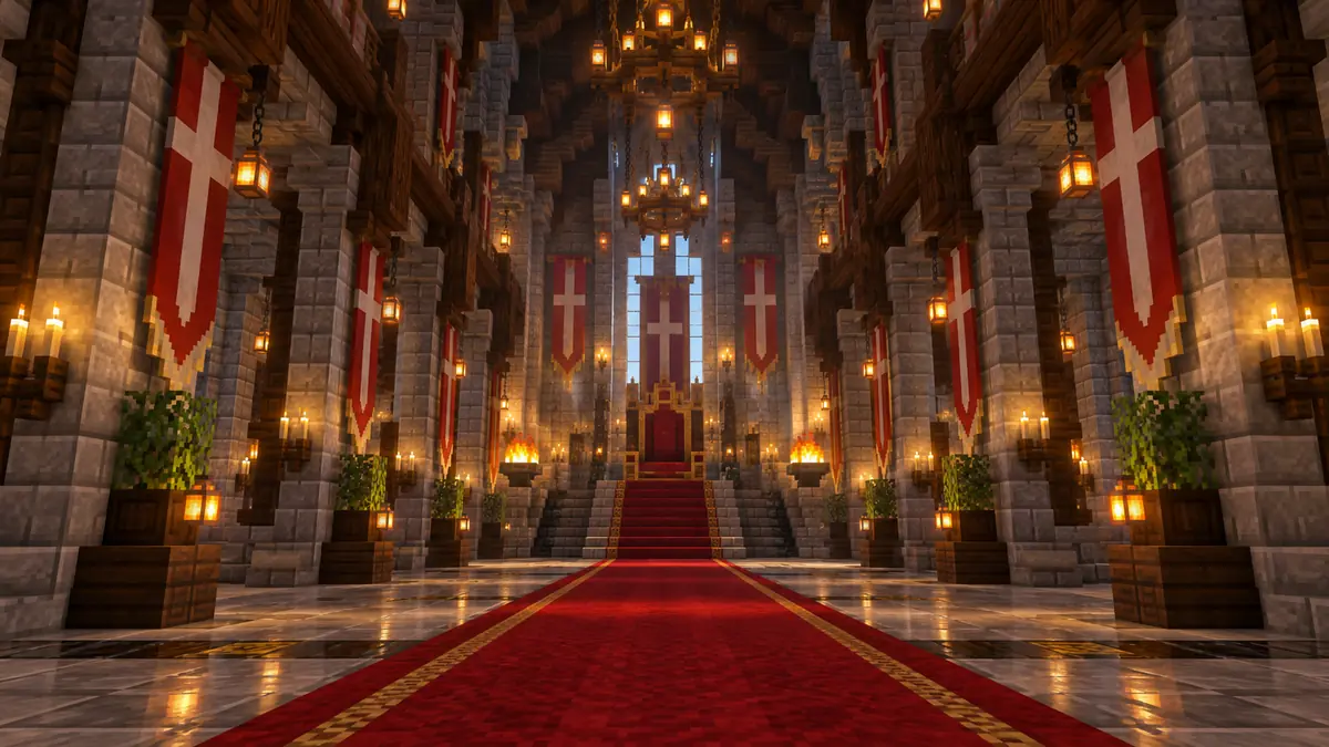 Minecraft kalesinde kırmızı halılı ve afişli taht salonu