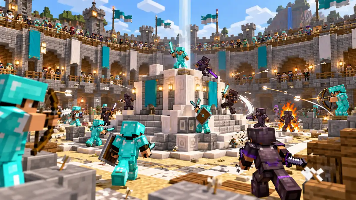 Elmas ve netherite zırhlı Minecraft oyuncularının bir arenanın ortasındaki noktayı ele geçirmek için savaştığı KoTH etkinliği