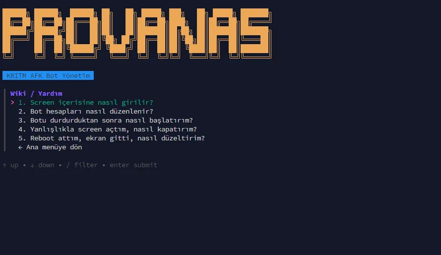 ProvanasAFK wiki menüsünde screen, bot hesapları ve reboot sorularının listesi